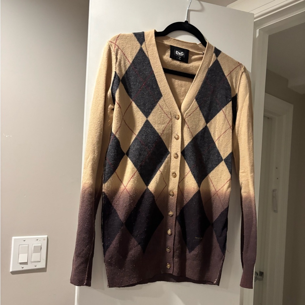 D&G Tan and Dark Gray Argyle Button-Up Cardigan